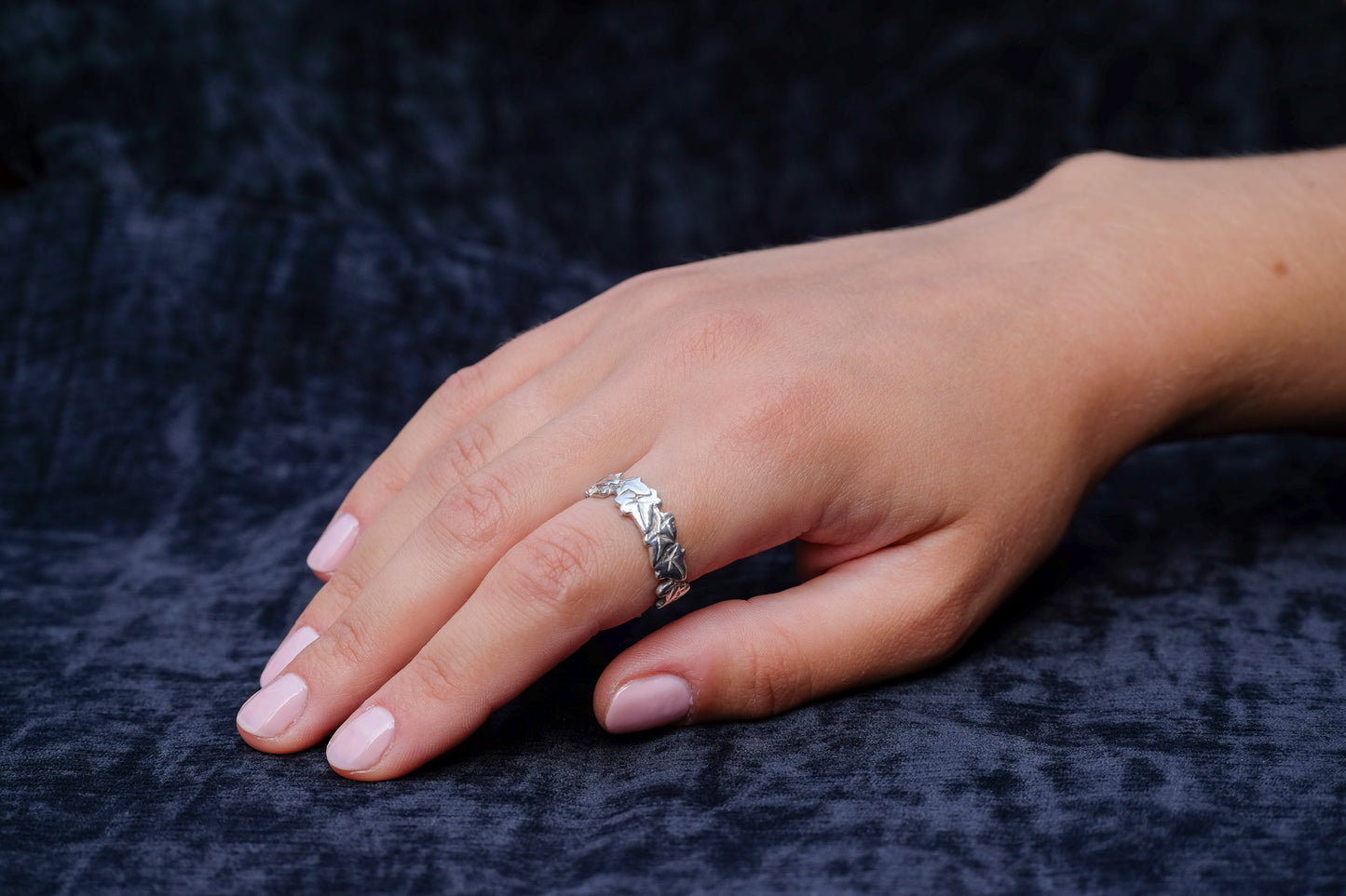 wide endless ivy ring in silver worn on my index finger