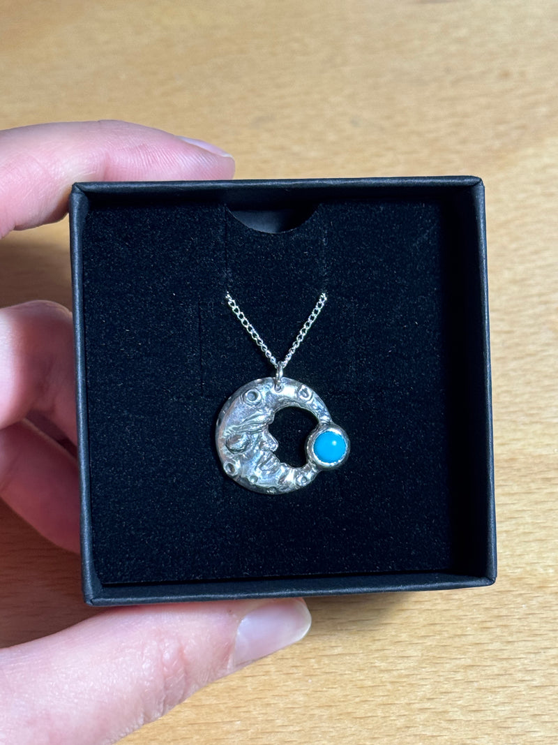custom silver moon pendant with turquoise stone